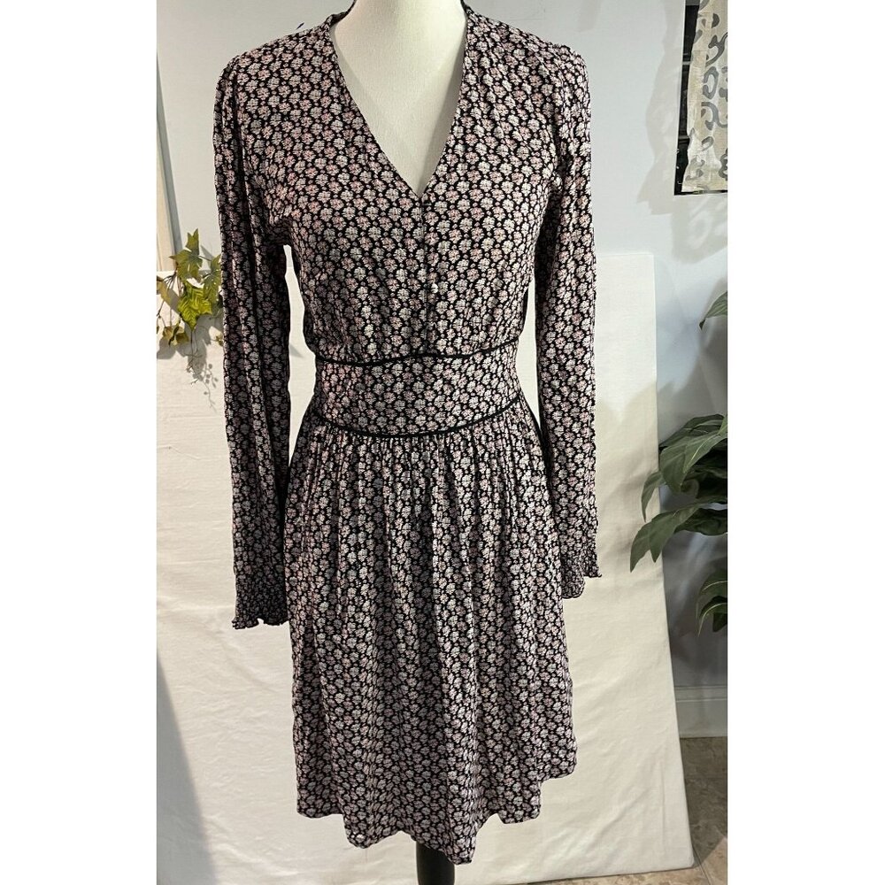 FatFace Floral Long Sleeve Dress V-Neck Elastic Waist Button Detail Size S